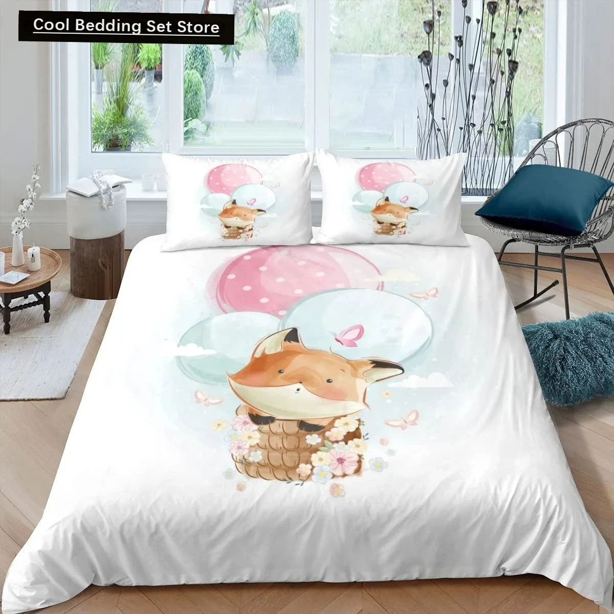 Fox King Queen Duvet Cover Kawaii Cartoon Fox Family Bedding Set for Kids Cute Orange Wild Animal 23pcs Polyester Quilt Cover