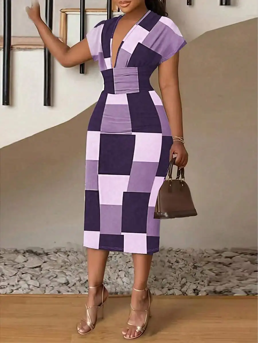 Deep V Neck Colorblock Bodycon Dress Maxi Women Outfit
