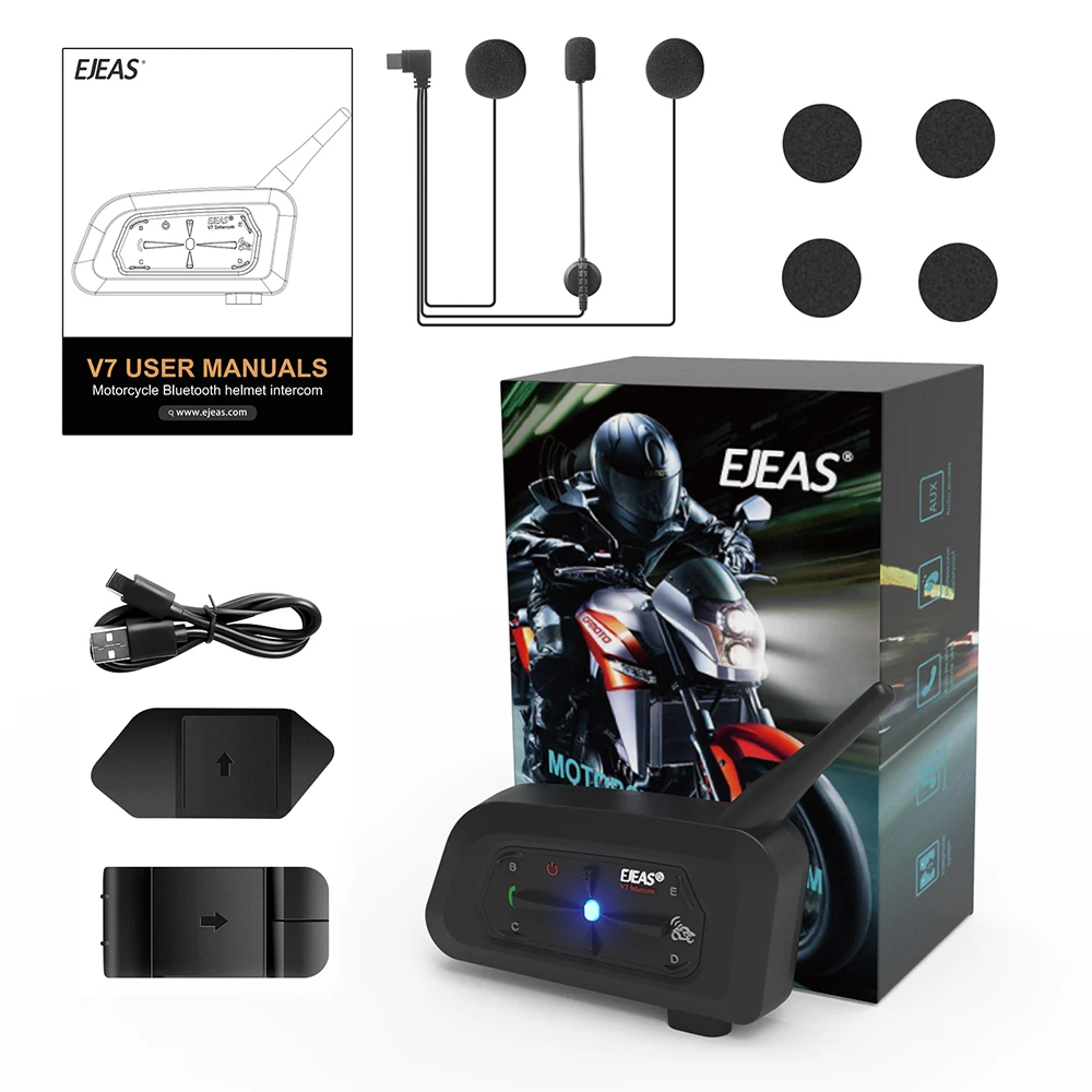 EJEAS V7 Bluetooth мотоциклетный домофон, шлем, гарнитура, 7 гонщиков, домофонный коммуникатор, 1200 м, шумоподавление, руль, пульт дистанционного управления