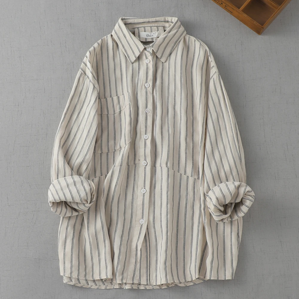 SuperAen Vertical Striped Linen Shirt Women\'s Autumn Casual Japanese Layered Shirt Long-sleeved Casual Shirts