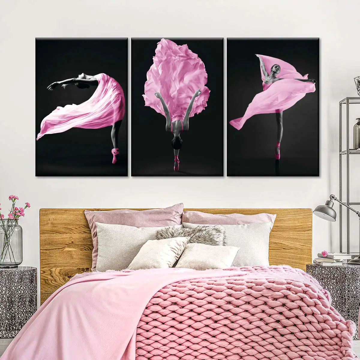 3 Panel Nordic Pink Ballet Dancers Pop Set Wall Art Picture Canvas Painting for Girls Room Dance Room Wall Decoration No Frame