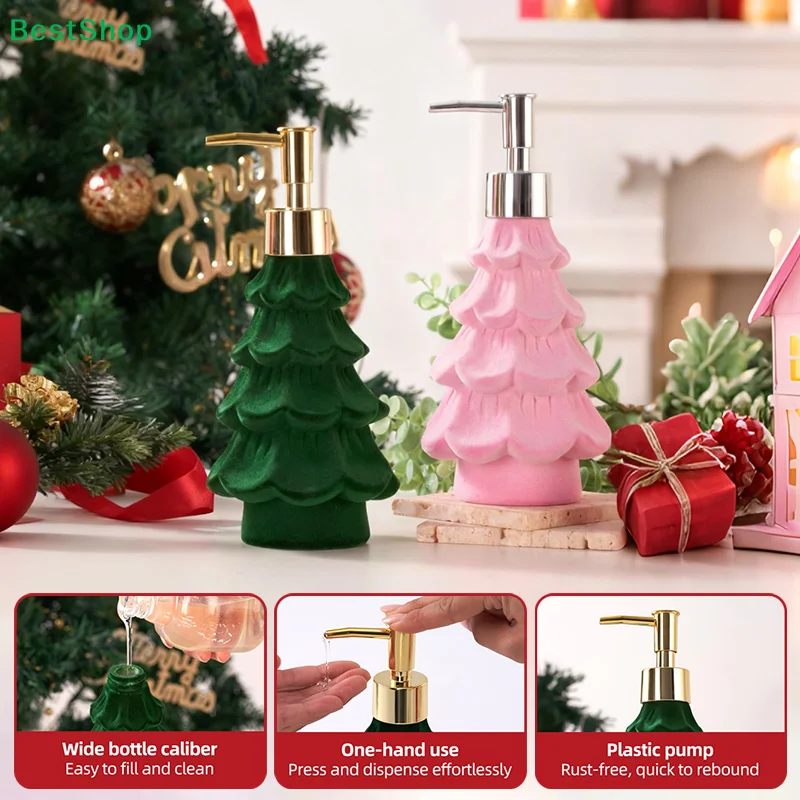 

✍Christmas Tree Shaped Soap Dispenser - Liquid Hand Soap Bottle For Bathroom/Kitchen,Festive Decorative Lotion Pump (Green/Pink)