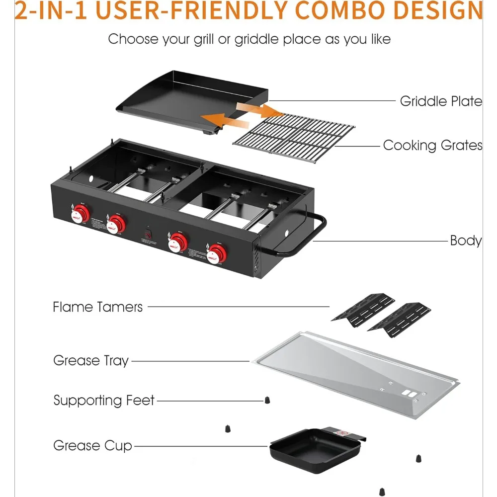 4-Burner Tailgater Grill Griddle Combo, 40,000 BTUs, Backyard or Outdoor BBQ Cooking, Portable Propane Gas Grill Griddle Combo