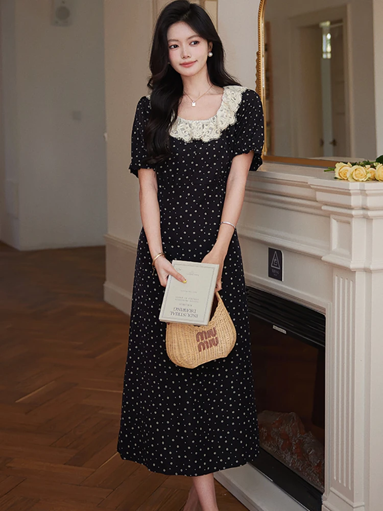 2026 Black Floral Puff Sleeve Chic Lace Collar Midi Dress Women Korean Vintage Hepburn Dress Summer Elegant Bodycon Party Dress