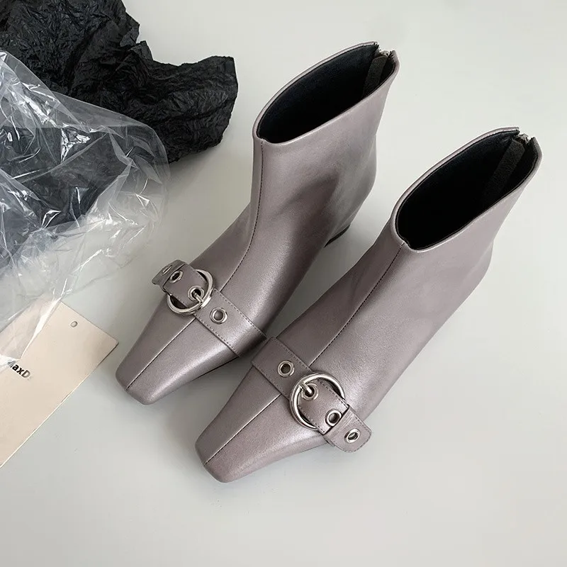 MKKHOU Fashion Short Boots Women's New High Quality Genuine Leather Boots Square Head Belt Buckle Slope Heel Boots Ankle Boots