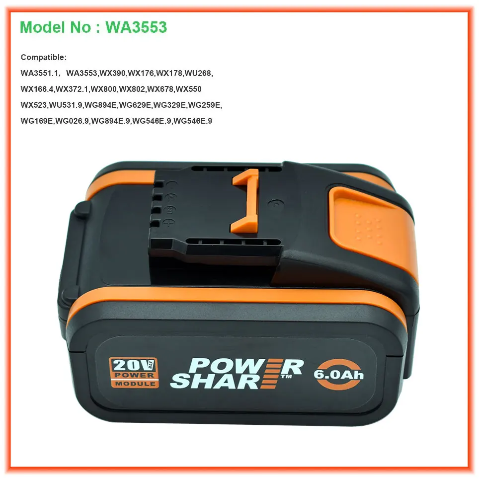 100% Original Worx WA3553 20V 6.0Ah Battery Cordless Power Tool Spare Batteriies WA3572 WA3553 WX390 WA3551 WX176 WX178 Battery