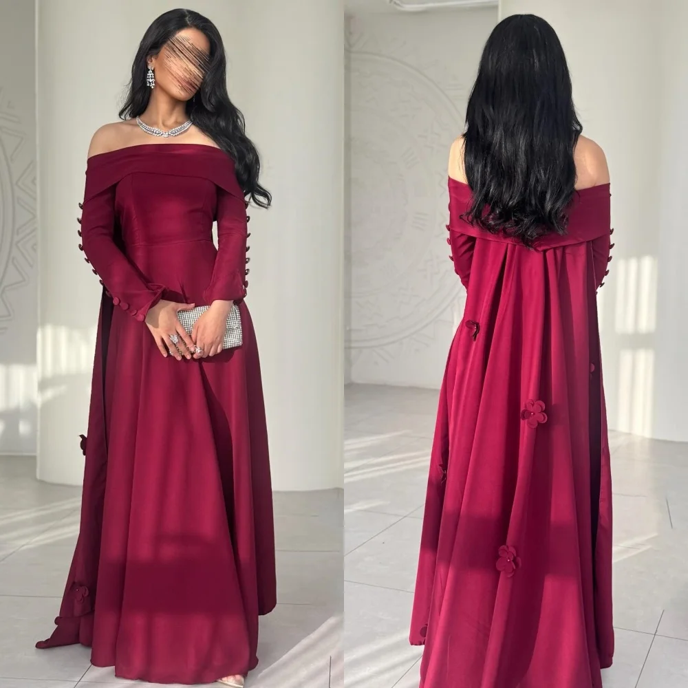 

Customized Modern Style Formal Jersey Handmade Flower Button A-line Off-the-shoulder Long Dresses Bespoke Occasion Dresses Retro