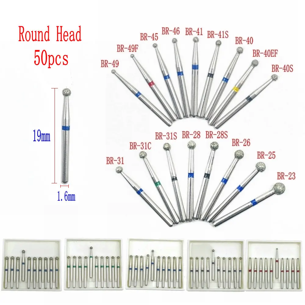 Fraises dentaires rondes en boule de diamant, haute vitesse, pièce à main dentaire, fraises dentaires, tige 1.6mm, série eria, 50 pièces, 5 boîtes