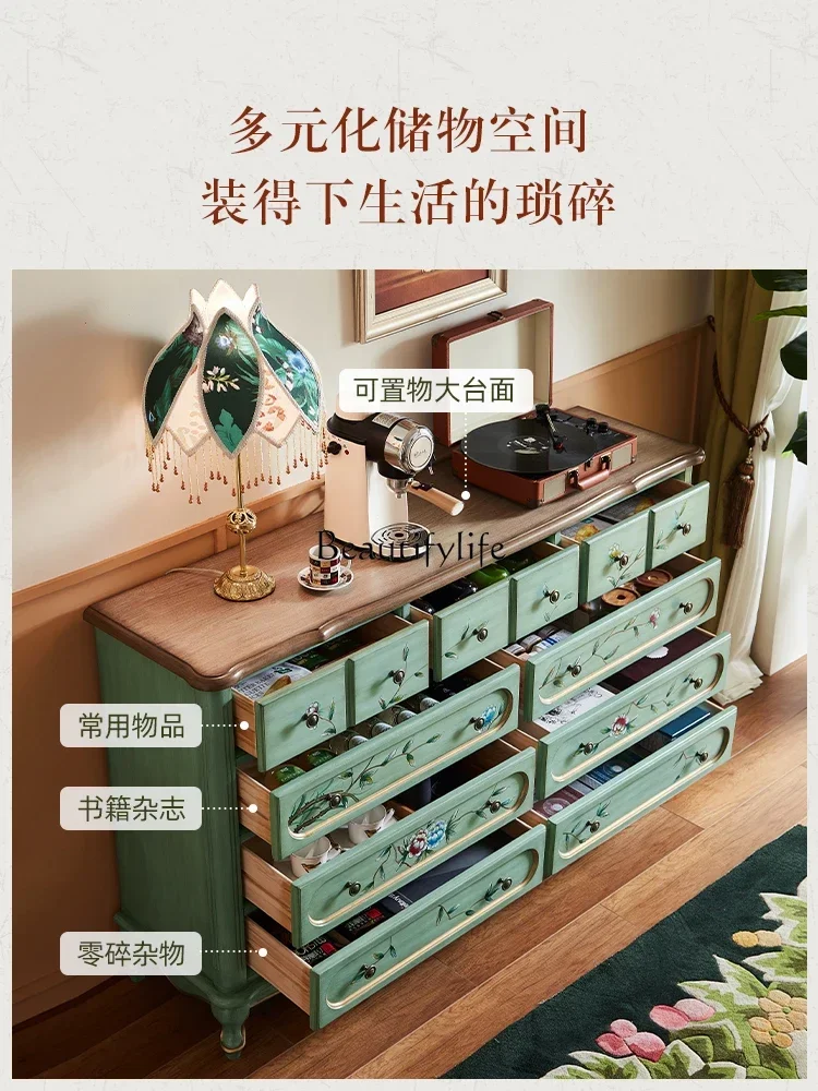 

American painted nine-chest cabinet, living room, porch cabinet, foyer, storage against the wall, retro solid woodL