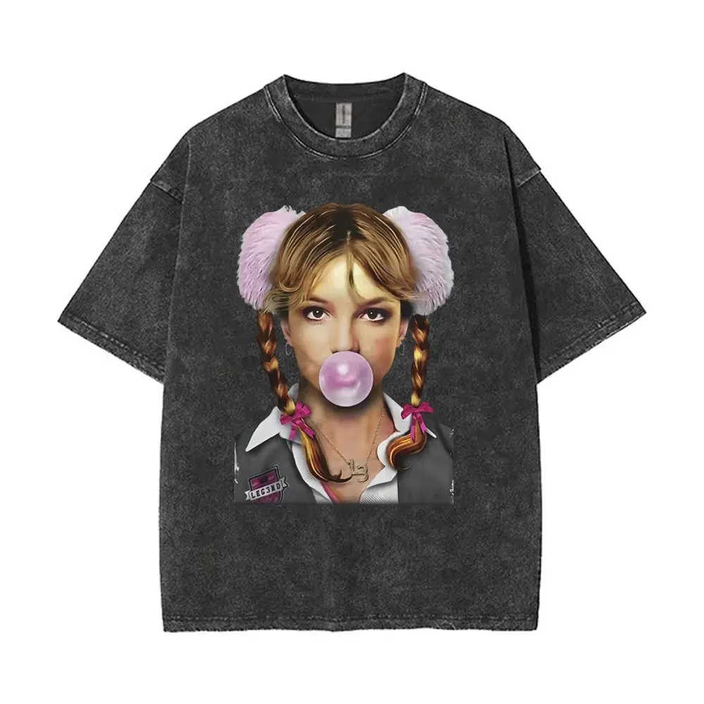 Britney Spears Metal Rock Style Washed Vintage T-shirt Men Women Hip Hop Fashion T Shirts Unisex Oversized T-shirts Streetwear