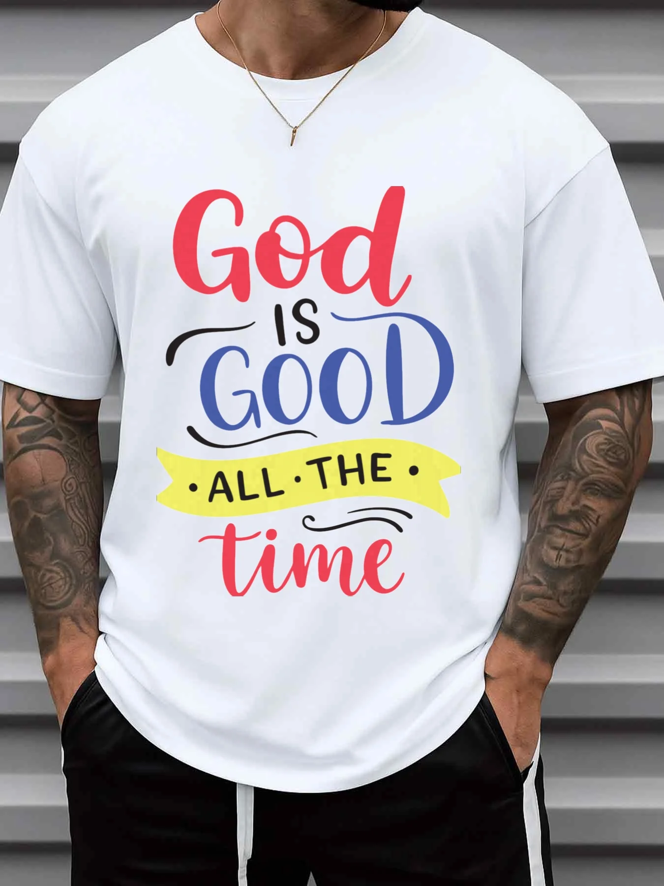 White T-Shirt, God Is Good, Comfortable Color Scheme, Hip-Hop Street Style, Casual Round Neck, Short Sleeves, Regular Fit, Digital Heat Transfer, All-Season Comfortable Loose Fashion, Spring and Autumn Men's Clothing, Christmas Gift