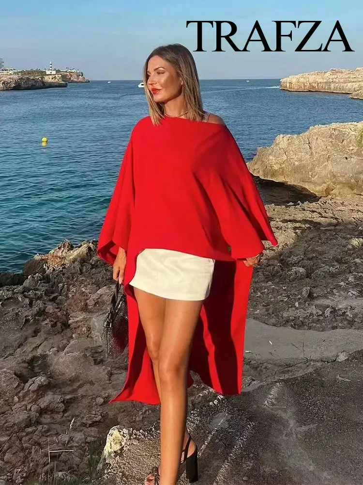 

TRAFZA Femlae Chic Loose Blouses Red And White Satin Shirt Half Sleeves Asymmetric Cape Style Women Autumn Fashion Casual Shirt