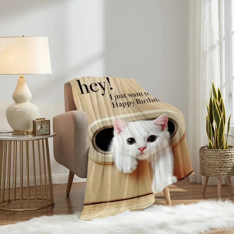 Cute White Kitten Birthday Blanket Throw Cozy Pet Lover Gift for Cat Owners Nursery Decor 150x230cm