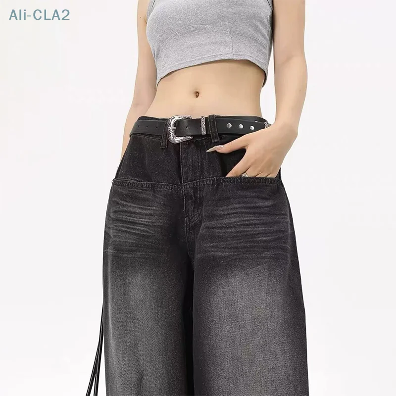 Schicke y2k Baggy Jeans Hose mit niedriger Taille Herren Barrel Jeans übergroße Retro schwarze Jeans Hose mit weitem Bein für Damen Streetwear