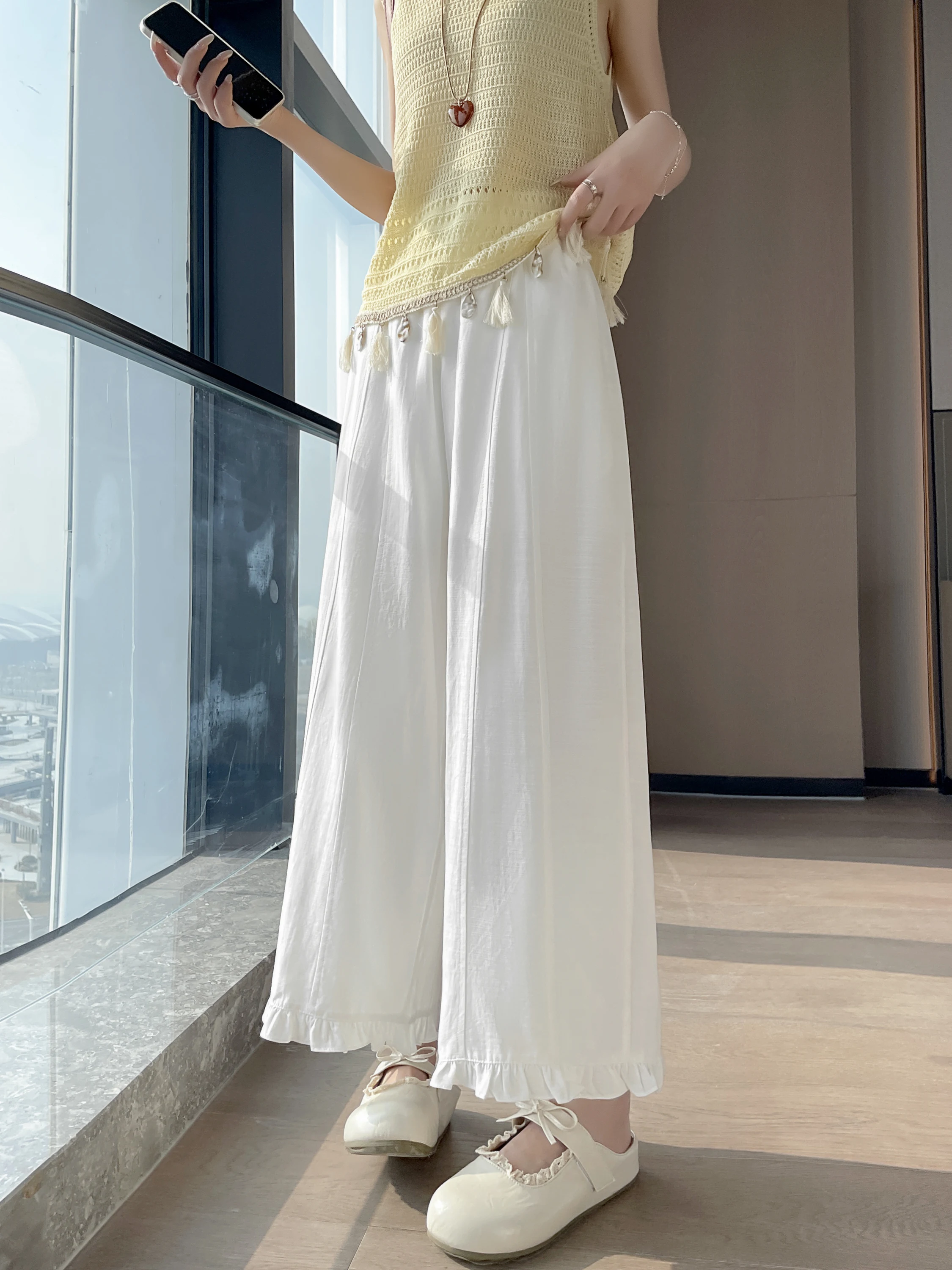 

High Waist Wide Leg Pants Women Summer Thin Ice Silk Cotton Linen Casual Straight Nine Points Slimming High Waist Pants
