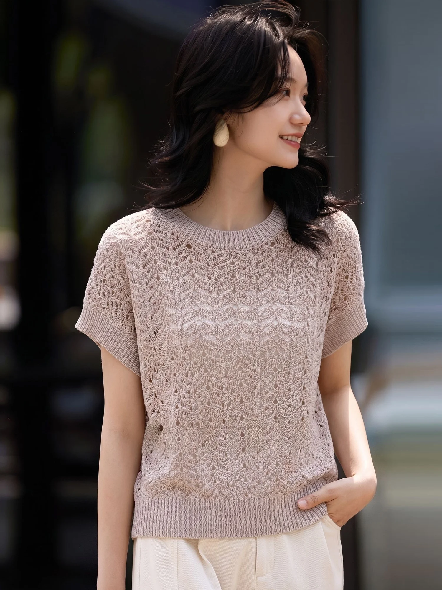 

Chivirin Women's Knitted Short Sleeve Top Pastel Coffee Hollow out Loose Slimming T-shirt Korean Style Summer Fashion