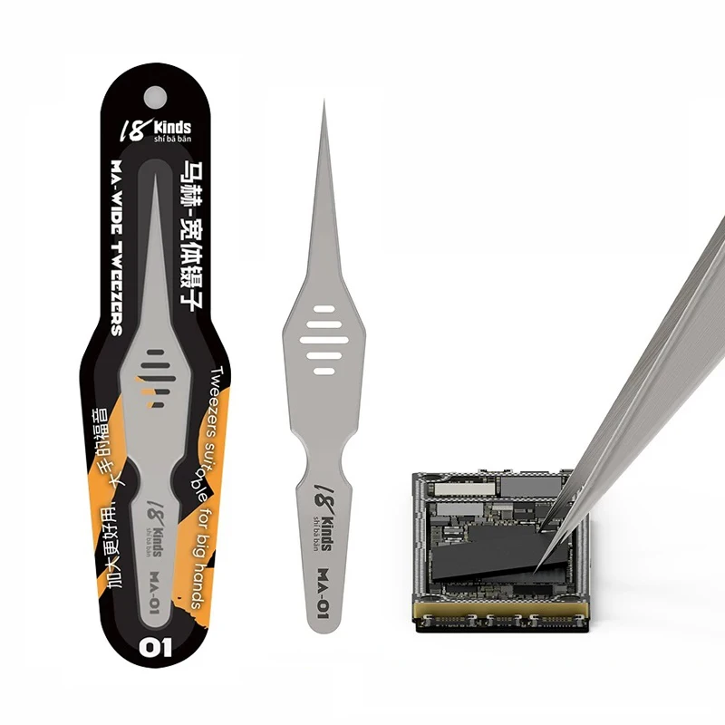 

Wide body tweezers enlarged and widened for mobile phone repair chip clamping with sharp and precise slender tweezers