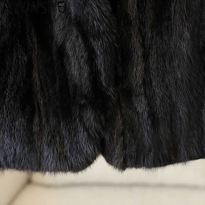 AYUNSUE Natürlicher Nerzpelzmantel, kurzer schwarzer Pelzmantel, Wintermäntel für Damen, Bürokleidung, hochwertige Damenkleidung, Servies Jegavera
