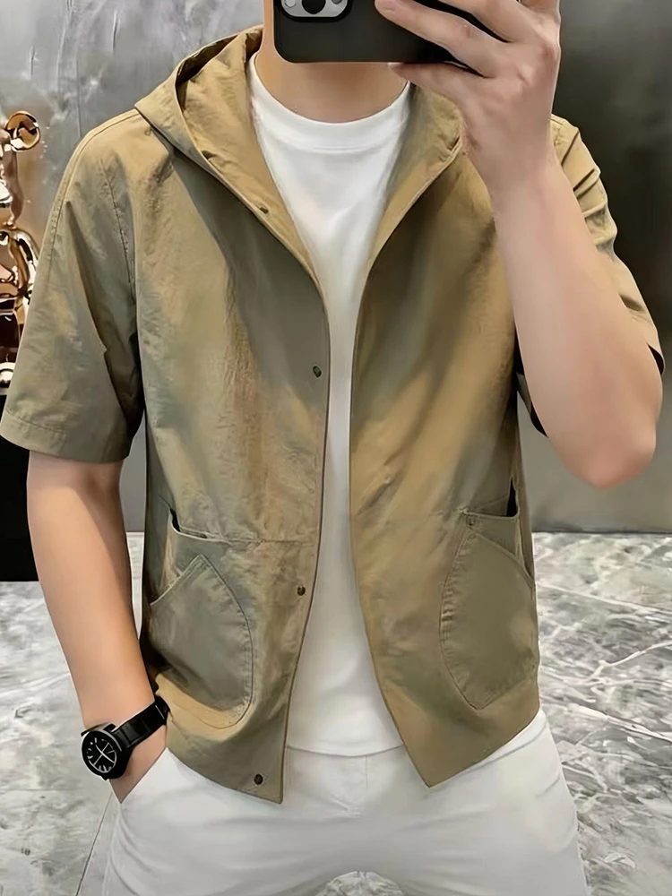 

Lightweight Hooded Short Sleeve Jacket for Men Casual Spring Summer Fashion Trendy Open Cardigan Top Breathable