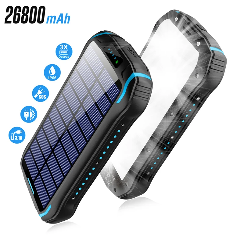 

Solar Power Bank 26800mAh Waterproof Portable Charger Type C Fast Charging Poverbank External Battery Powerbank with LED Light