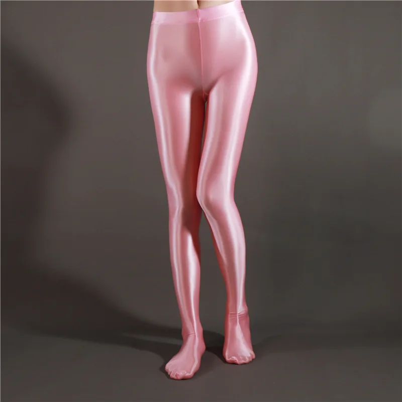 Zipper crotch glossy satin silk women high waist tights leggings pantyhose Fitness see through sports yoga pants