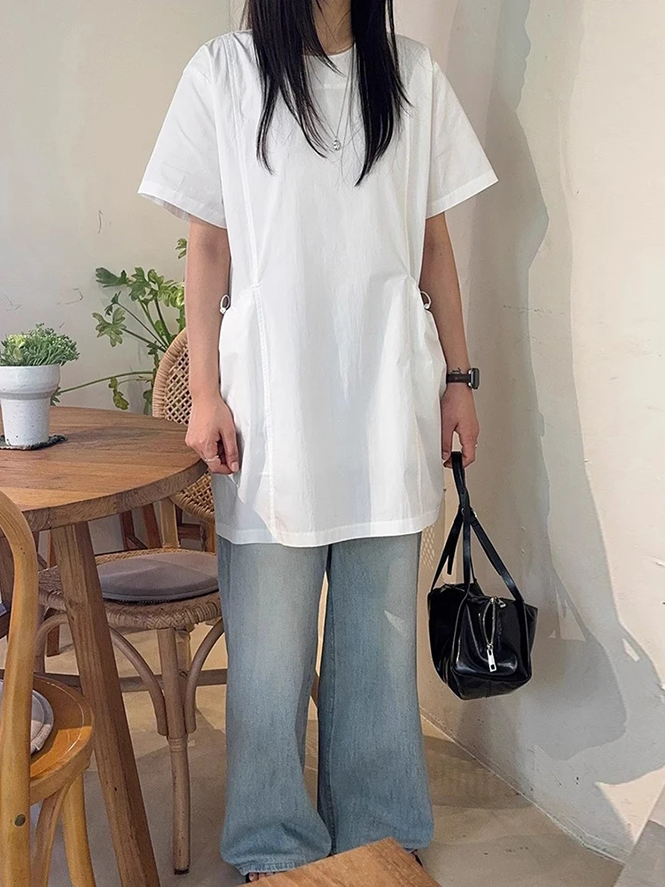 Vestido F de Manga Curta com Cordão Liangliang, Novo Estilo de Verão, Retro, Solto, Camadas, Cor Pura, Saia Curta com ...