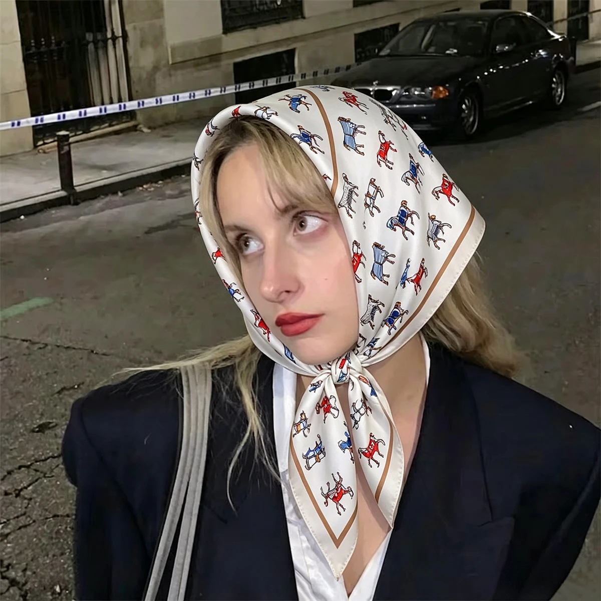 2026 New Satin Triangle Scarf Women Horse Print Silky Neck Bandana Multi Purpose Waist Head Wrap Elegant Fashion Accessory