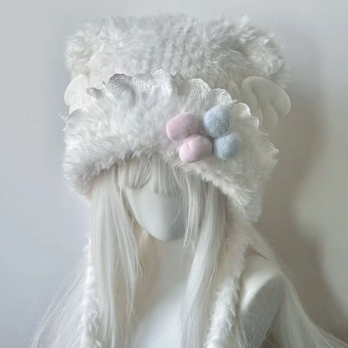 여성 수제 블루와 핑크 퍼지 고양이 귀 모자 레이스 캔디 리본 모자 Y2K 따뜻한 날개 귀마개 KC 소녀 하트 다용도 플러피 모자