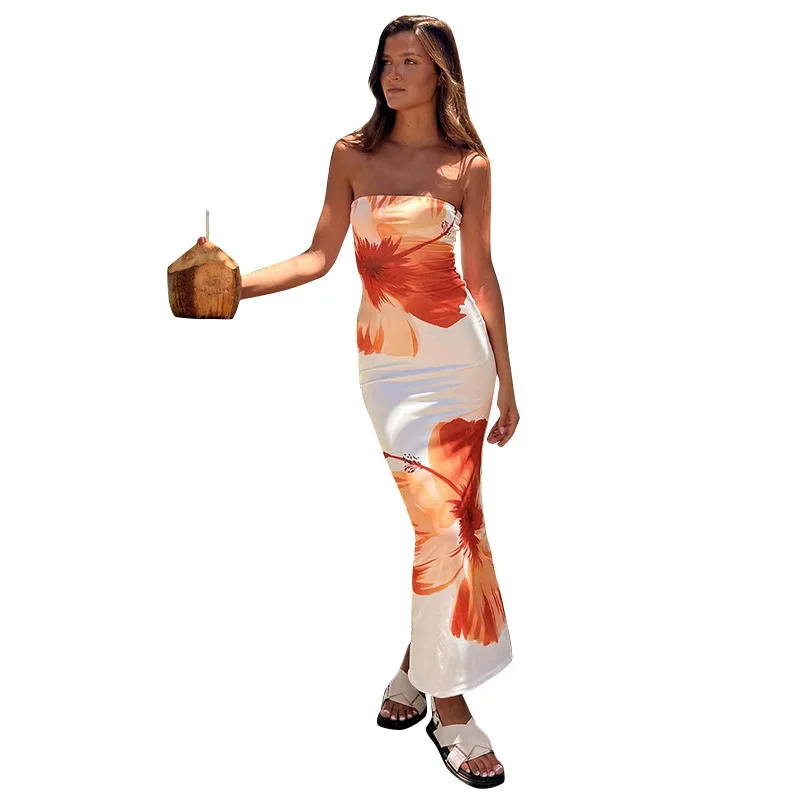 European And American Cross-border Women's Clothing Summer New Leisure Vacation Tube Top Off Shoulder Slim A-shaped Dress Women