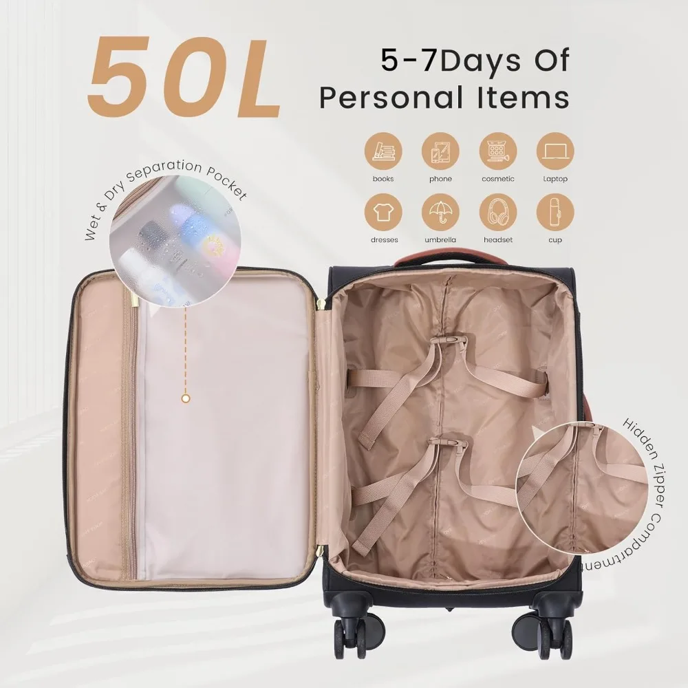 Airline Approved Large Waterproof Softside Carry-On Suitcase with 3 Packing Cubes, Lightweight Luggage for Travel