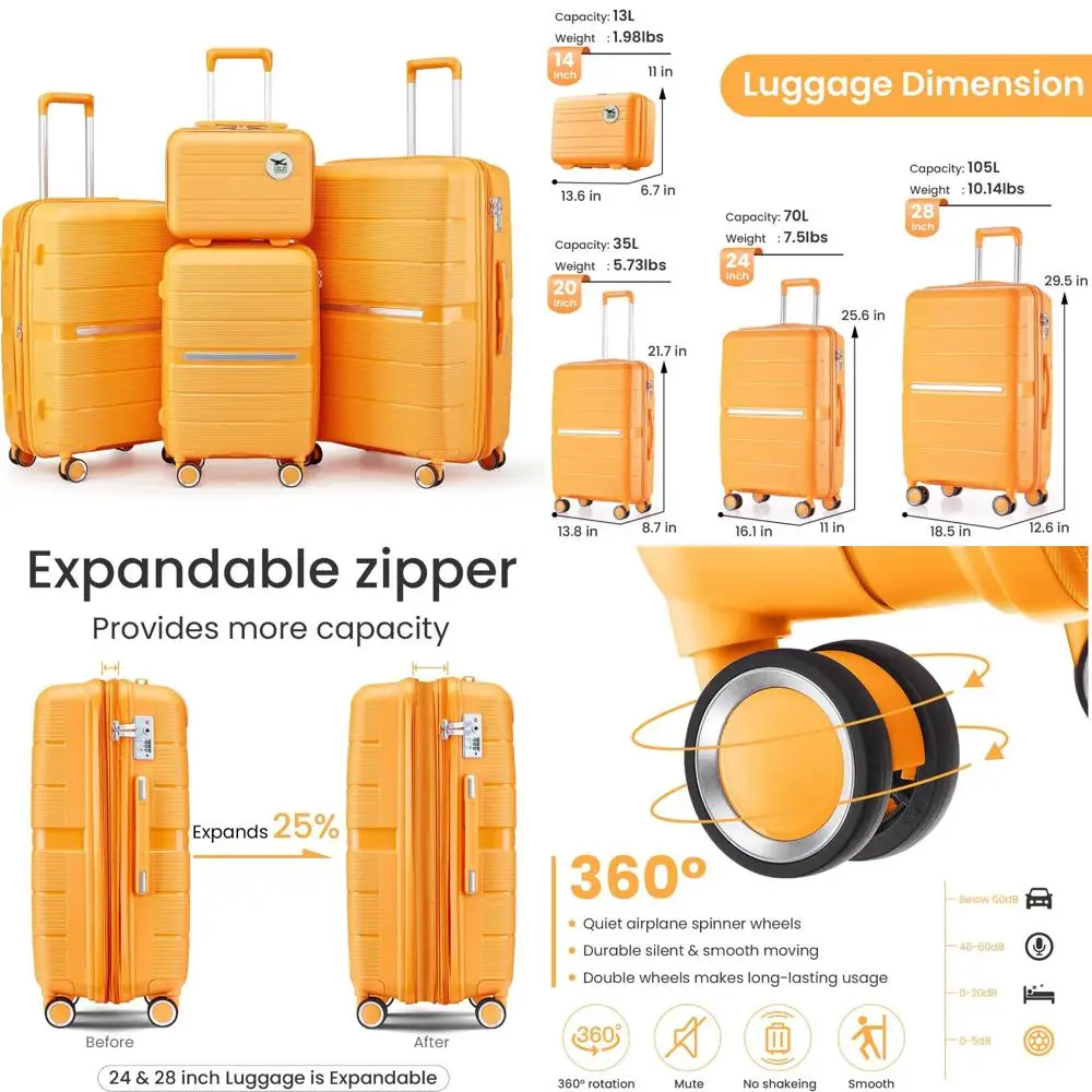 

«Прочный комплект багажа из 4 предметов с твердым корпусом и замком tsa, расширяемая конструкция для добавления пространства, комплект легких чемоданов на 360°. ° бр