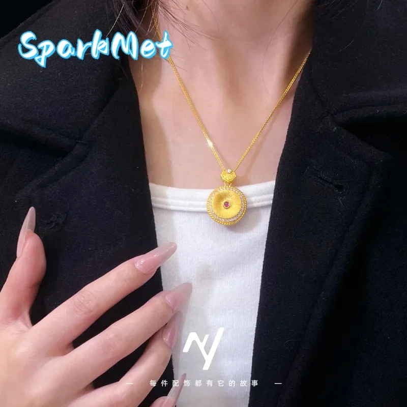 

Sparkmet Women's 9999 24K Real Gold Point Diamond Brushed Xiangyun Peaceful Cloak Pendant Necklace Round Brand Clavicle Chain Gi