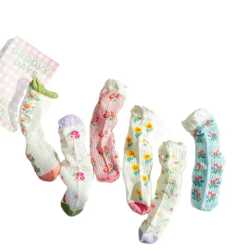 3Pairs 1-12Year Spring/Summer 2023 Thin Small Flower Mesh Socks Cotton Bubble Mouth Girls' Flower Medium Socks