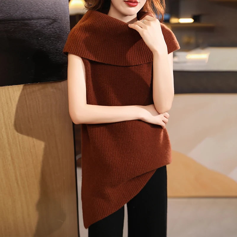 New Autumn and Winter Cashmere Knitwear Women's Cuffed One-Line Collar Sleeveless Naked Shoulder Knitwear Layered Knitted Knitwe