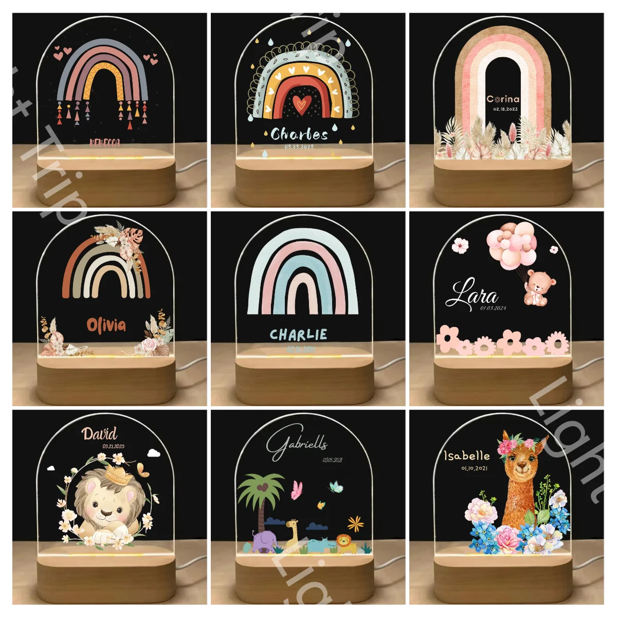 Imagem -02 - Personalizado Baby Night Light com Usb Base de Madeira Nome Personalizado Animal Arco-íris Abajur Quarto Decoração