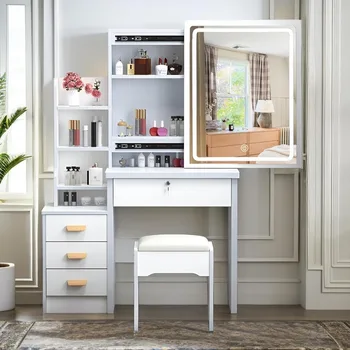 איפור ויהירות סט עם מראה ואור, אחסון, כיסא ומף, בהירות מתכווננת איפור בהירות עם אור