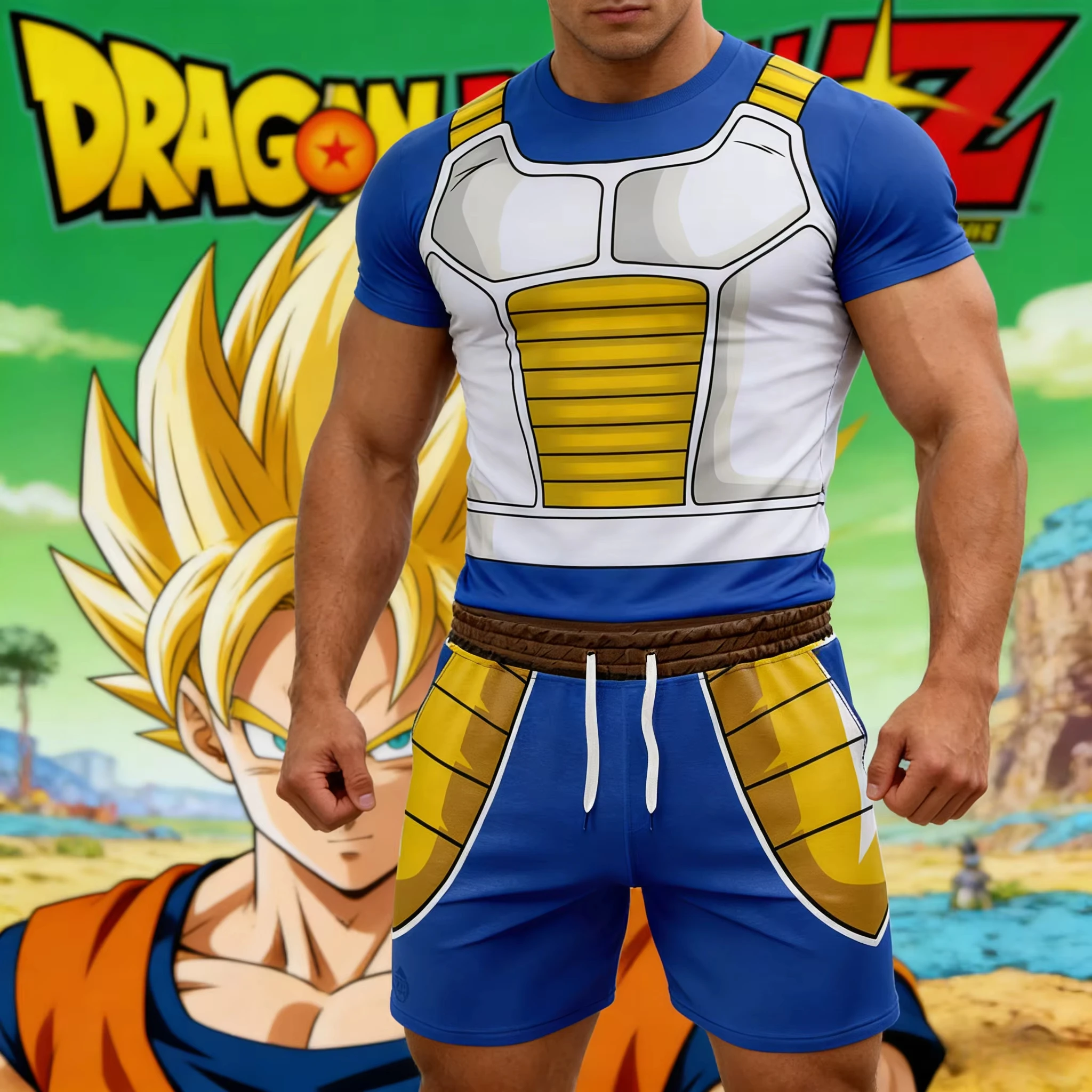

2026 Summer New Dragon Ball Z Vegeta Battle Style Sports Short Sleeve Shorts Men Fitness Running Set Oversized Casual Set