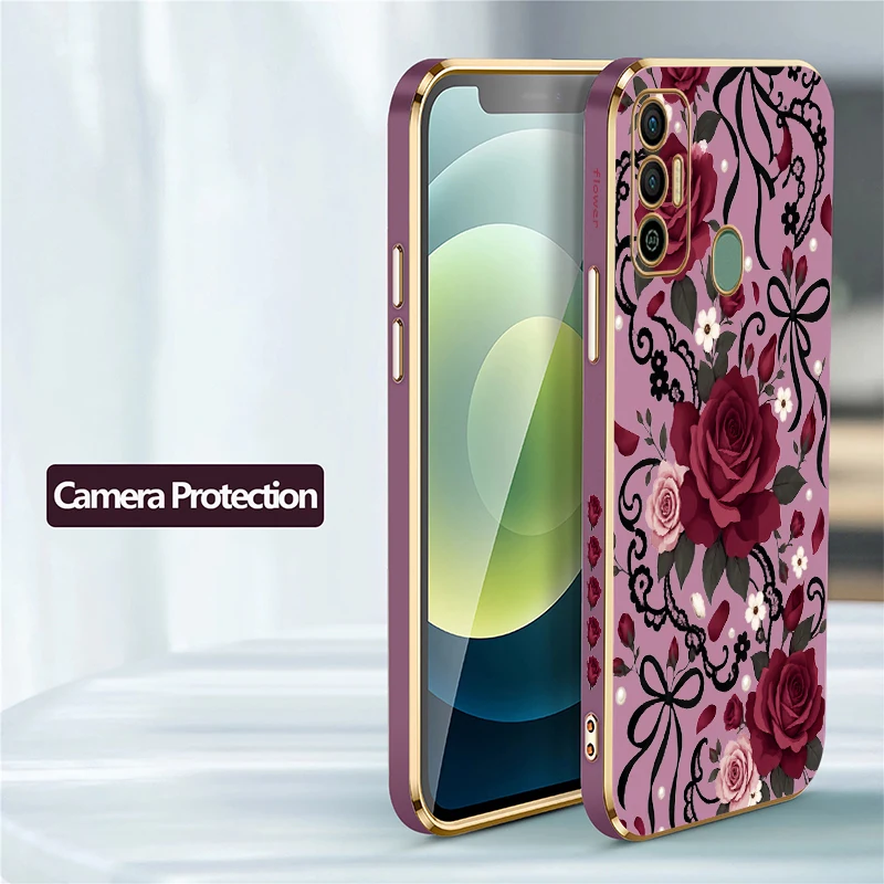 Red Rose Bow tie Pattern Phone Case For Tecno Spark 20 Pro 8C 7 Pro 7T 6 Go 1 5Air Plating Silicone Soft Anti Scratch Cover Capa - view 5