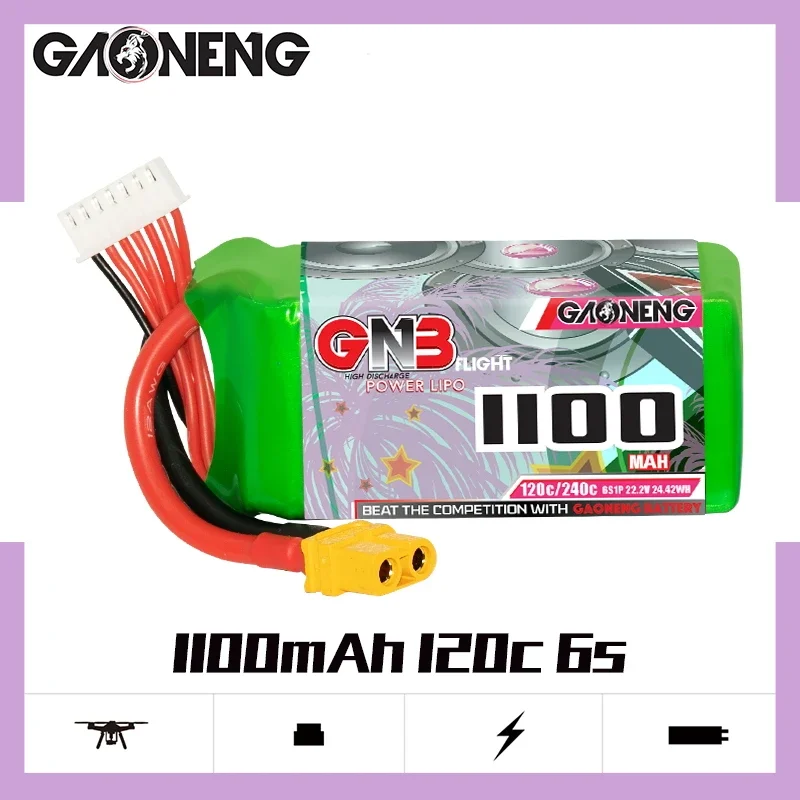 

GAONENG GNB 1100mAh 6S 120C 240C 22.2V XT60 LiPo Battery Size 90 to 150mm Brushless Drones Cine Whoop Cinelog Helicopter