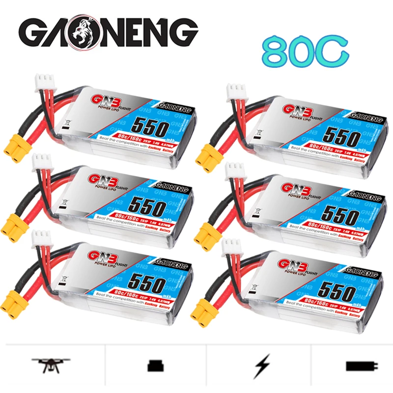 

Аккумулятор для дрона RC FPV GNB 2S, 7,4 В, 550 мА · ч, аккумулятор Lipo для модели радиоуправляемого квадрокоптера, UAV FPV, игрушечного дрона 80C, батарея 7,4 В