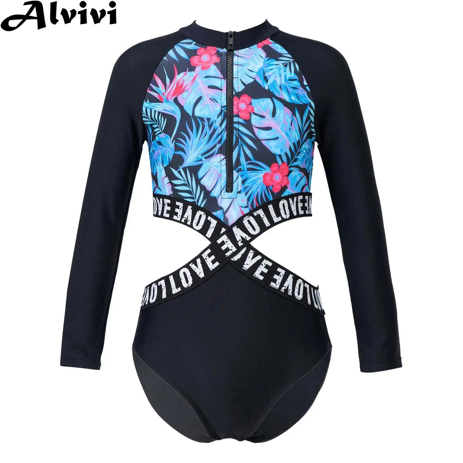 

Kids Girls Long Sleeve One-piece Swimsuit Print Zipper Hollow Bodysuit Swimwear Beach Rash Guard Surfing Costume Bathing Suit