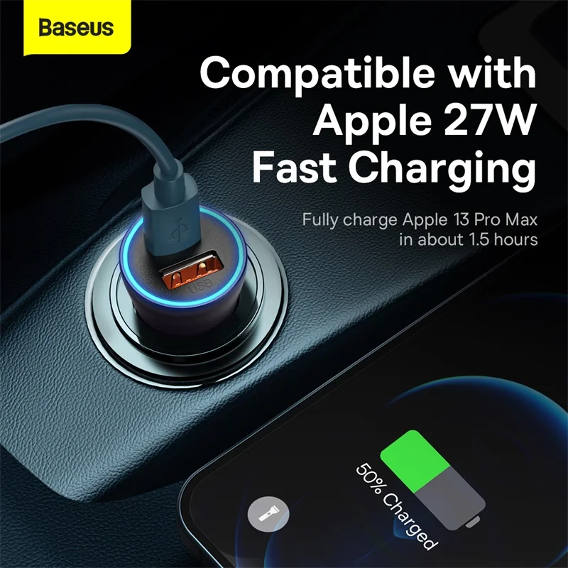 Baseus 금속 USB C 타입 차량용 충전기, 고속 충전, SCP AFC QC 4.0 PD 27W, USBC 휴대폰 충전기, 아이폰 샤오미, 화웨이, 삼성용, 60W