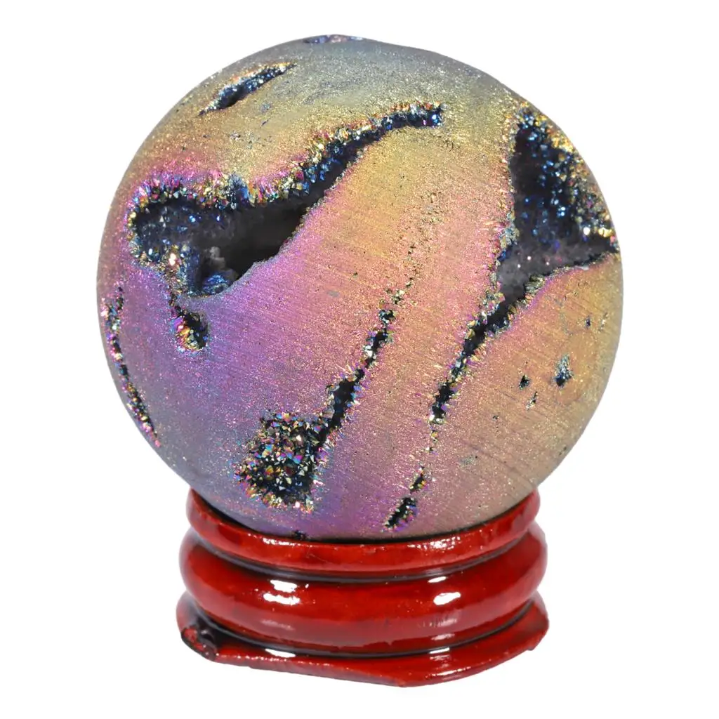 

TUMBEELLUWA Rainbow Aura Titanium Coated Druzy Agate Geode Sphere Ball Divination Reiki Healing Figurine With Wood Stand