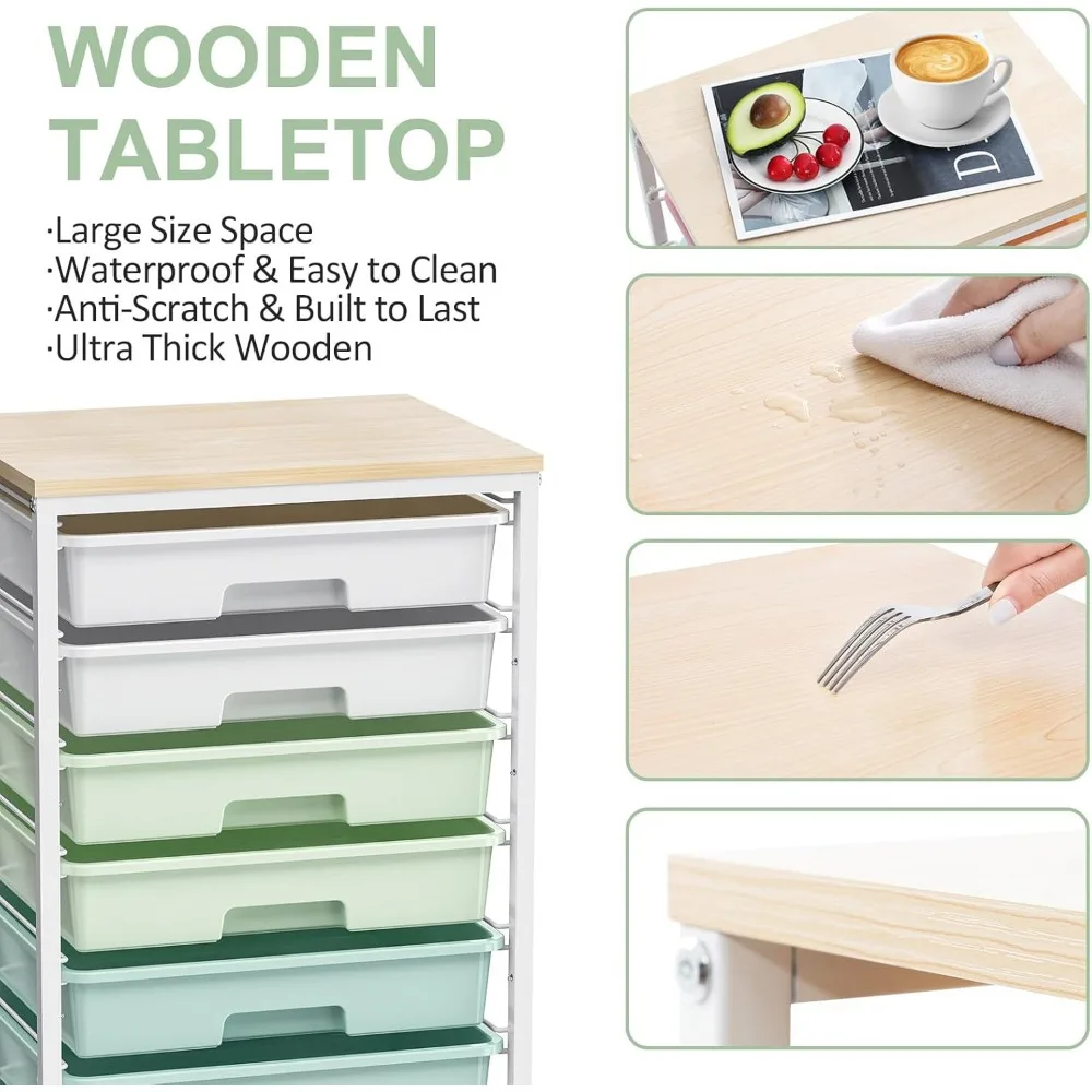 8-Drawer Rolling Storage Cart with Wooden Tabletop for Home, Office, and Classroom Organization