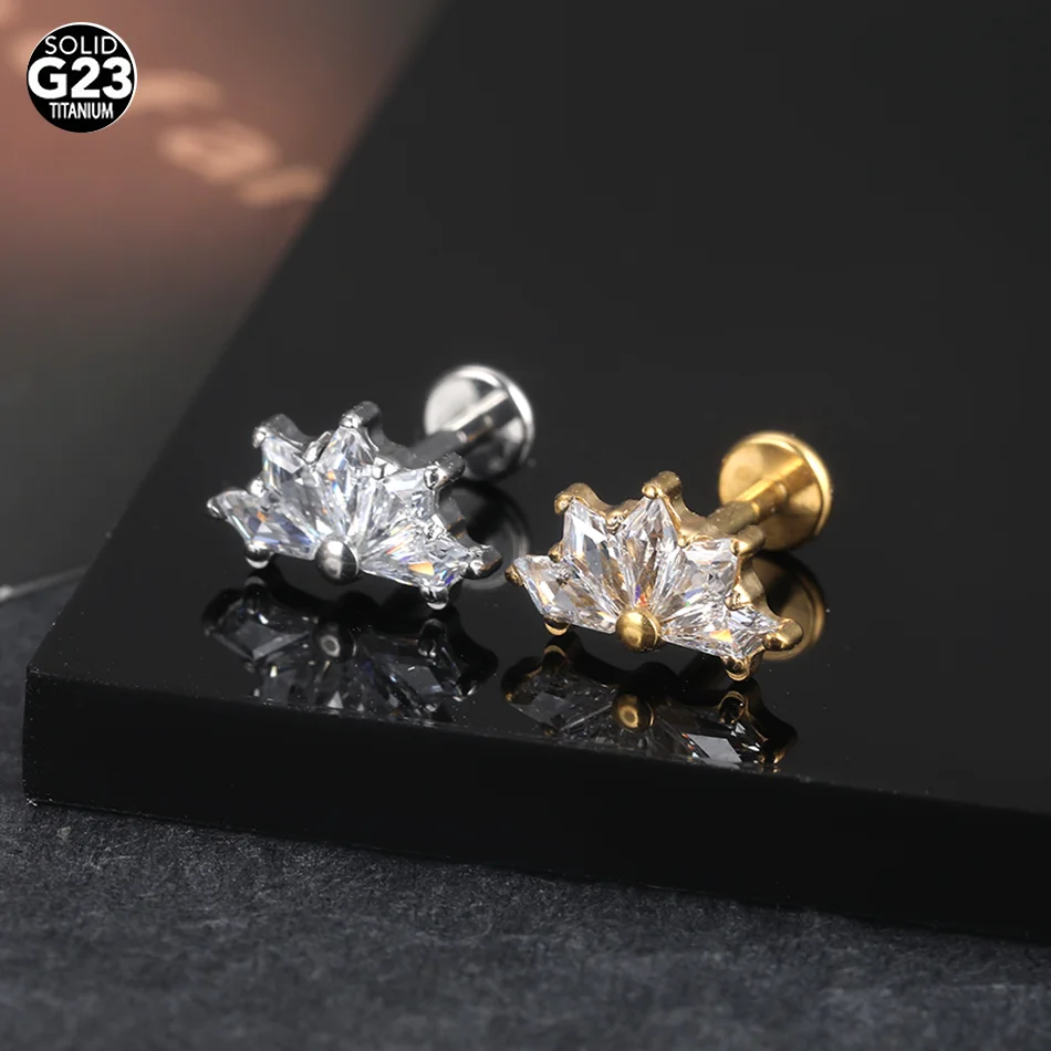 1pc Titanium Maple Leaf Zircon Cartilage Helix Piercing Internally Threaded Stud EarringsTragus Piercing Body Jewelry for Women