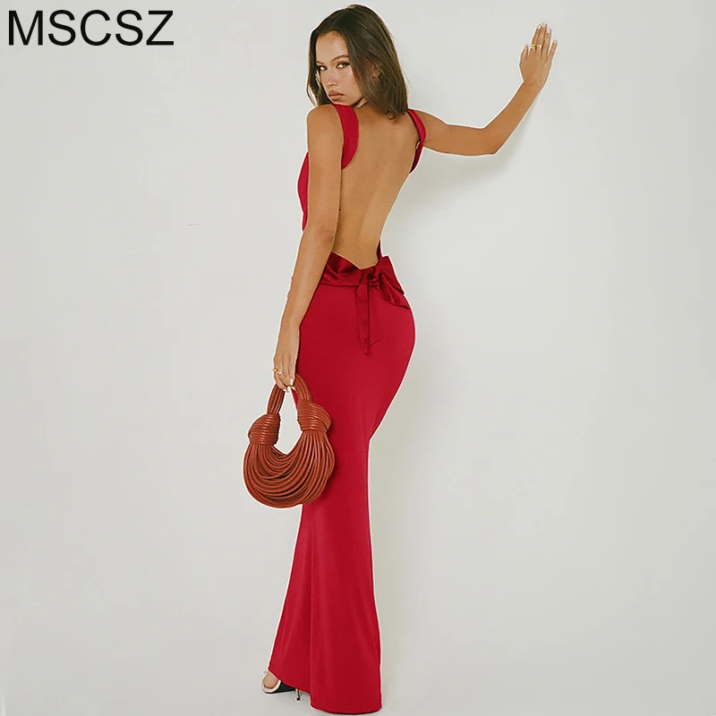 Bow Backless Maxi Dress Cowl Neck Bodycon Summer Long Dress Elegant Mermaid Evening Party Dresses For Women 2024