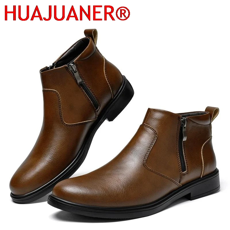 

Fashion Brogue Chelsea Men Boots Classical Style Leather Ankle Boots Genuine Leather Mens Winter Plush Snow Botas Walking Shoes