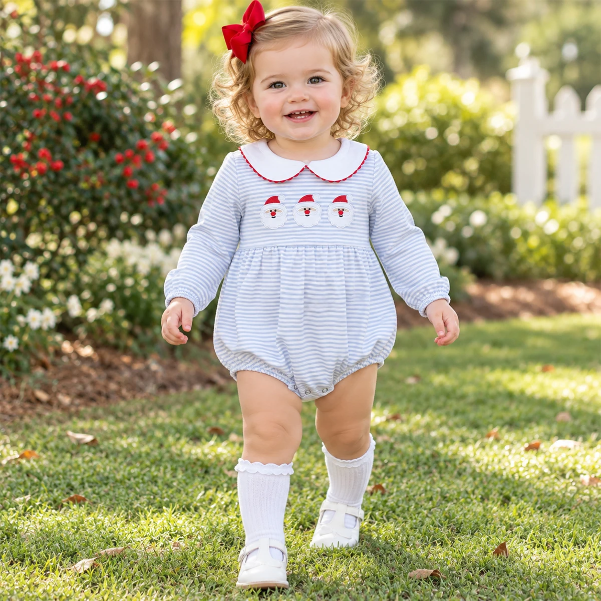 Newborn Bodysuit Romper Cute Baby Girl Embroidery Santa Blue Stripe Christmas Ruffle Rompers Clothes Children Jumpsuit Wholesale