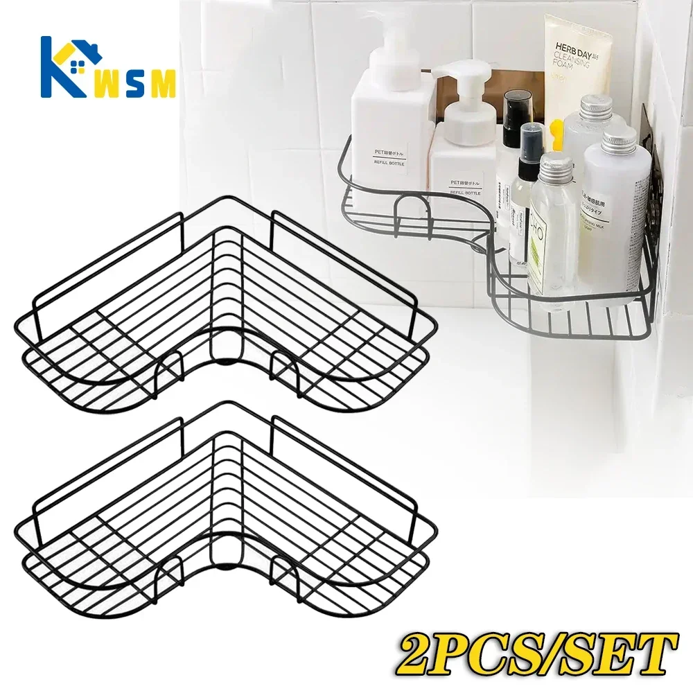 2PCS Bathroom Iron Shelf Drill-Free Corner Metal Shelf Shampoo & Cosmetic Organizer Bathroom Accessories Kitchen Spice Rack