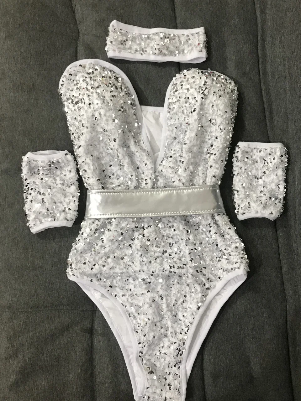 Bodysuit Sexy Deep V Neck Pink Sequins Bar Nightclub Female Singer Dancer Stage Wear Team DJ Jazz Dance Show Performance Costume